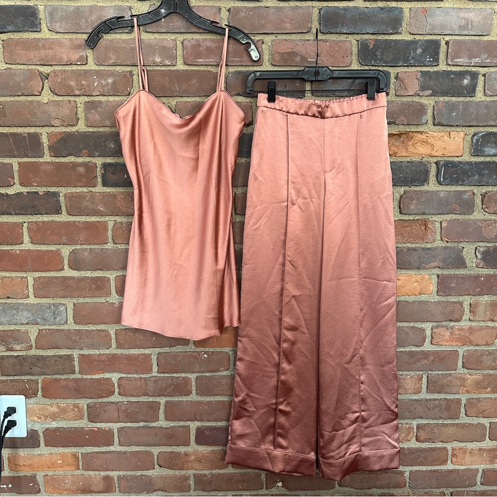 VICTORIA SECRET satin tunic top side slits + pin tuck cuffed wide leg pants set